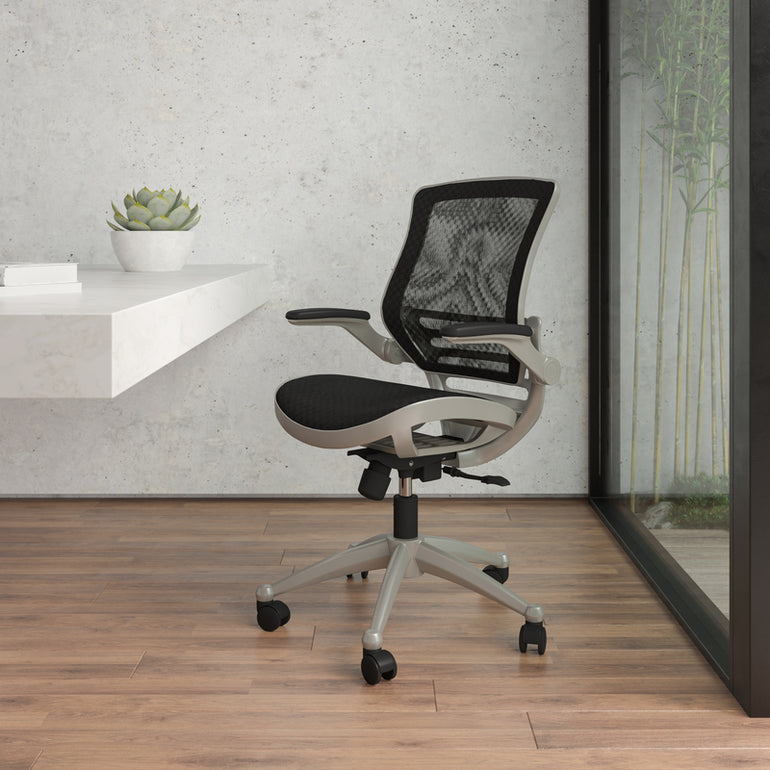 Mid-Back Transparent Black Mesh Executive Swivel Office Chair with Graphite Silver Frame and Flip-Up Arms | Sithealthier
