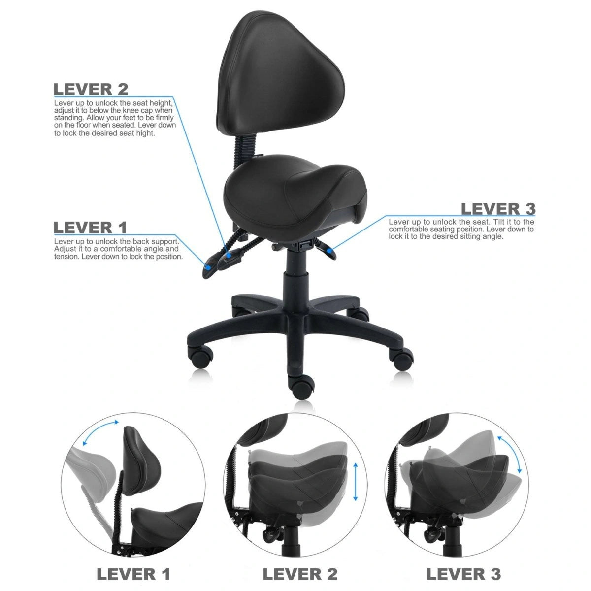 Saddle Shape Stool with Back Support and Tilt-able Seat - Sit Healthier