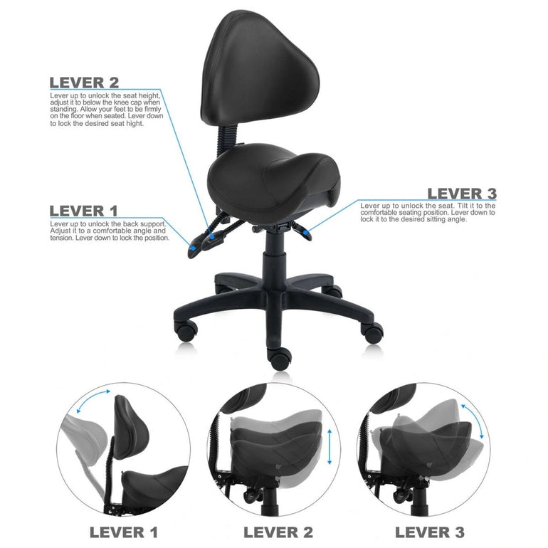 Saddle Shape Stool with Back Support and Tilt-able Seat - Sit Healthier