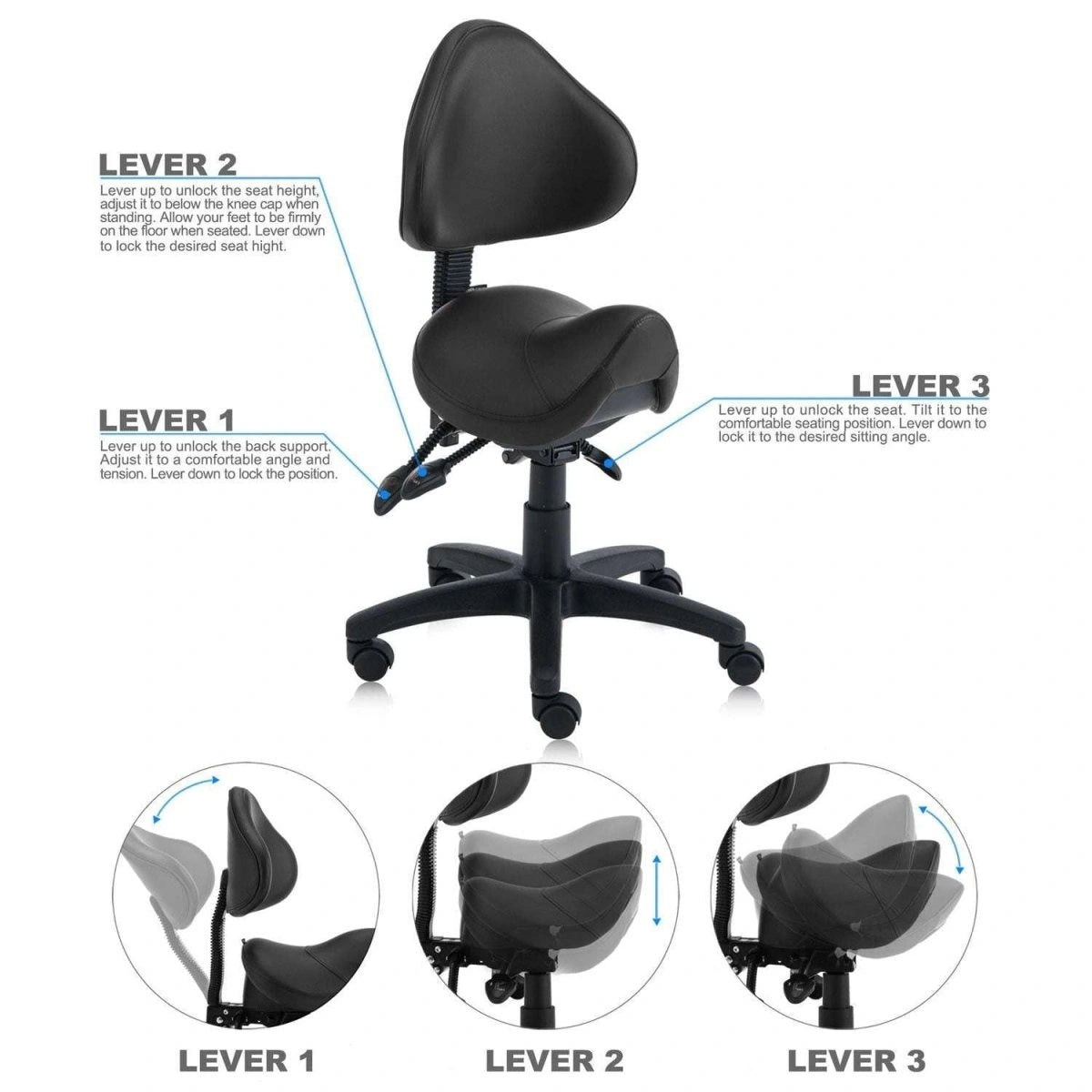 Sit Healthier ergonomic saddle chair with adjustable backrest