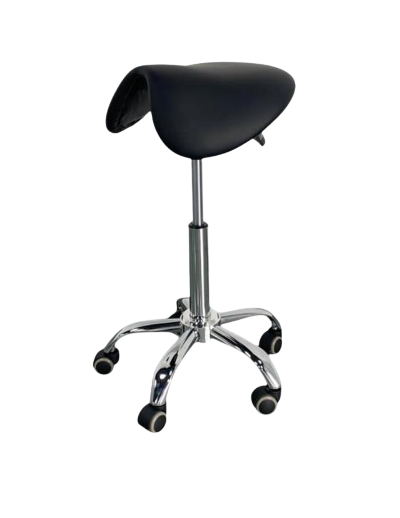 Black saddle-style stool with a chrome base on a white background