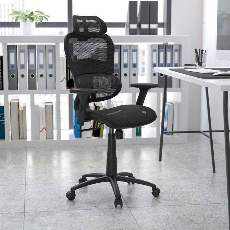 Ergonomic Mesh Office Chair with 2-to-1 Synchro-Tilt, Adjustable Headrest, Lumbar Support, and Adjustable Pivot Arms in Black - Sit Healthier