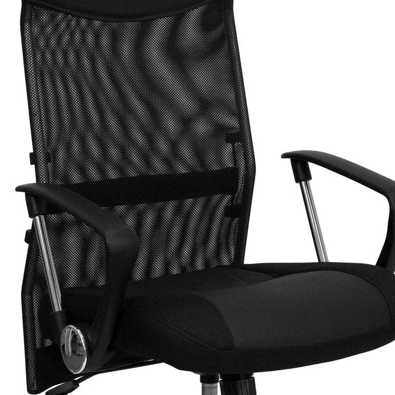 High Back Black Leather and Mesh Swivel Task Office Chair with Arms - Sit Healthier