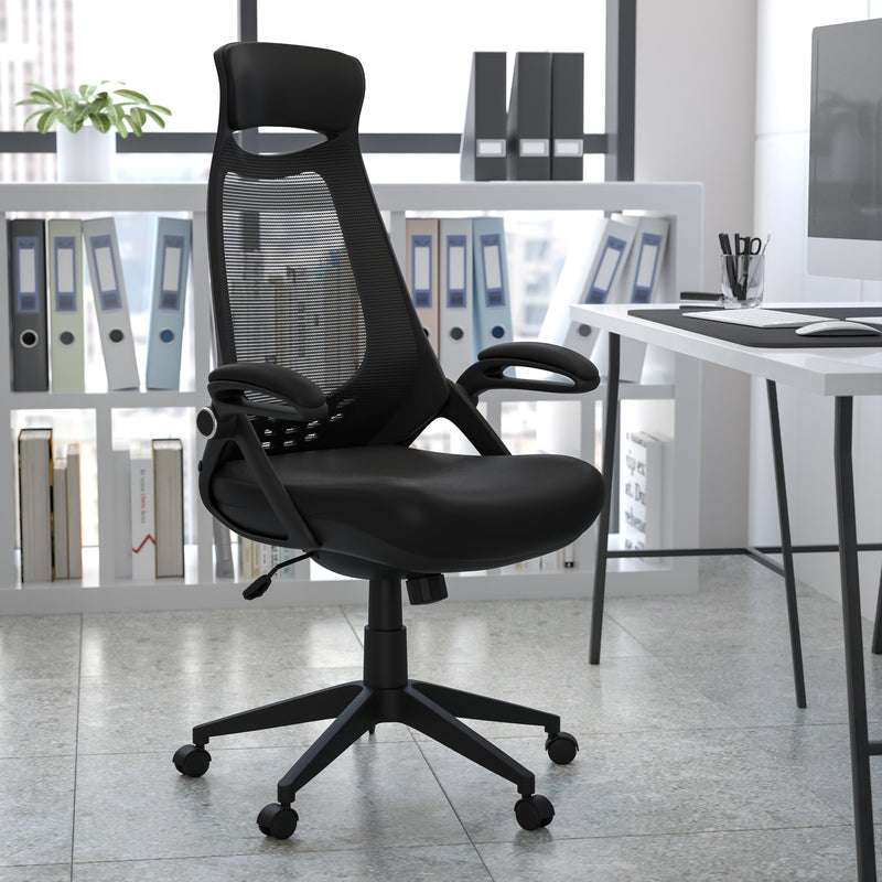 High Back Black Mesh Executive Swivel Office Chair with Flip-Up Arms - Sit Healthier