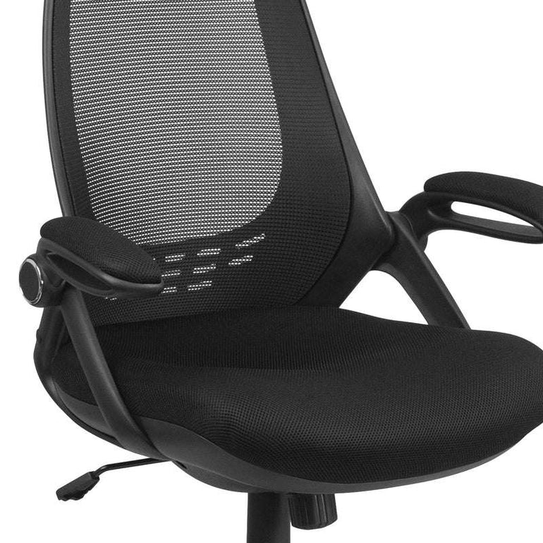 High Back Black Mesh Executive Swivel Office Chair with Flip-Up Arms - Sit Healthier