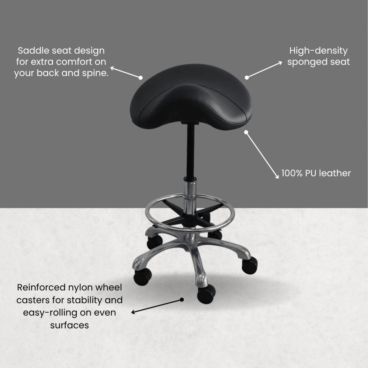 Hydraulic Saddle Shape Rolling Stool with Tilt-able Seat & FootRest - Sit Healthier