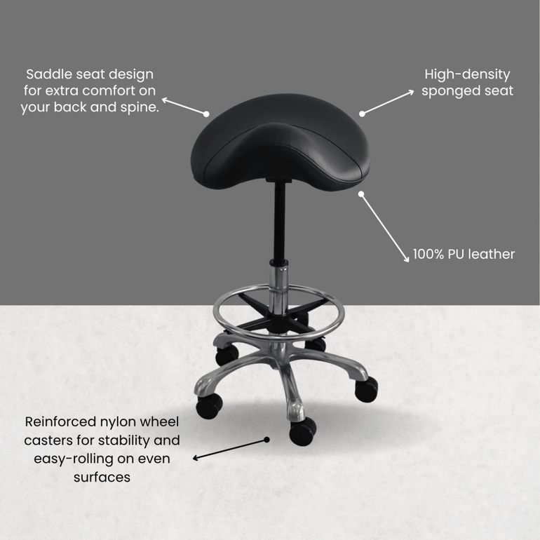 Hydraulic Saddle Shape Rolling Stool with Tilt-able Seat & FootRest - Sit Healthier