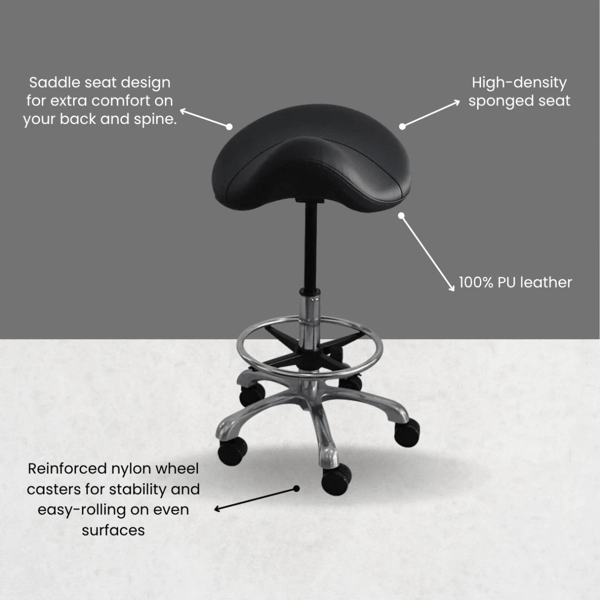 Hydraulic Saddle Shape Rolling Stool with Tilt-able Seat & FootRest - Sit Healthier
