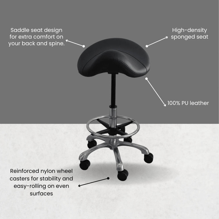 Hydraulic Saddle Shape Rolling Stool with Tilt-able Seat & FootRest - Sit Healthier