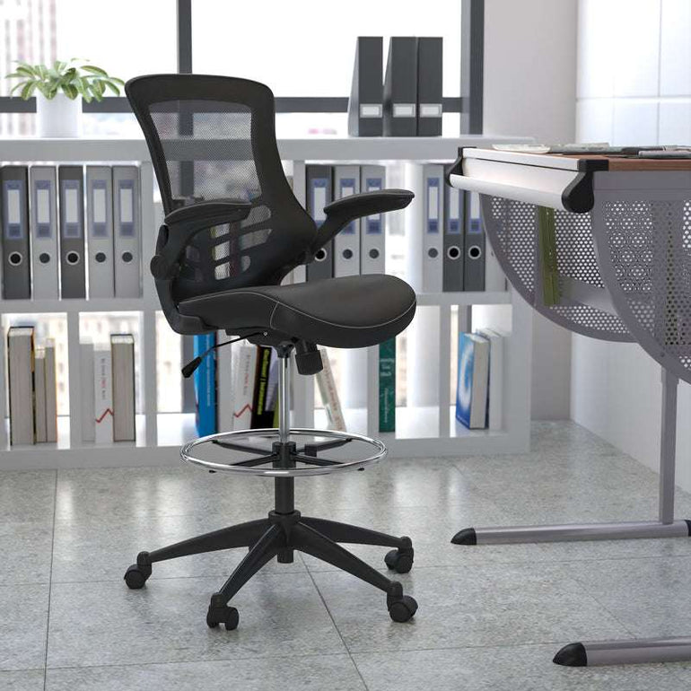 Mid-Back Black Mesh Ergonomic Drafting Chair with LeatherSoft Seat, Adjustable Foot Ring and Flip-Up Arms - Sit Healthier