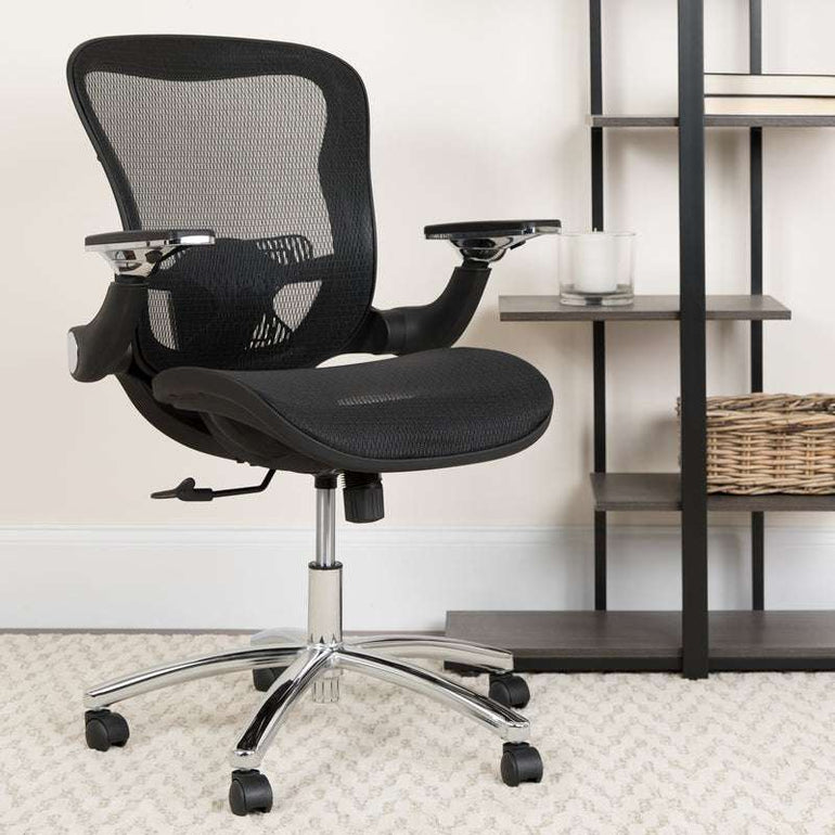 Mid-Back Transparent Black Mesh Executive Swivel Ergonomic Office Chair with Synchro-Tilt & Height Adjustable Flip-Up Arms - Sit Healthier
