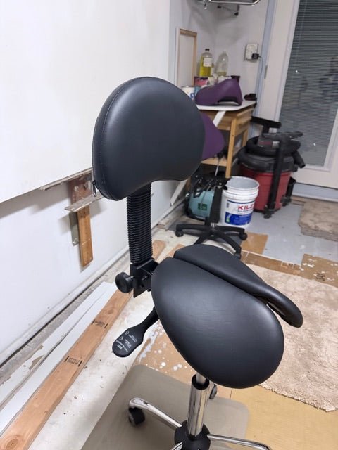 [Open Box] Small USA Patented Twin Tiltable Saddle Stool with Adjustable Seat Width and Backrest (SH18141) - Dual Inline Wheels and Medium Cylinder - Sit Healthier