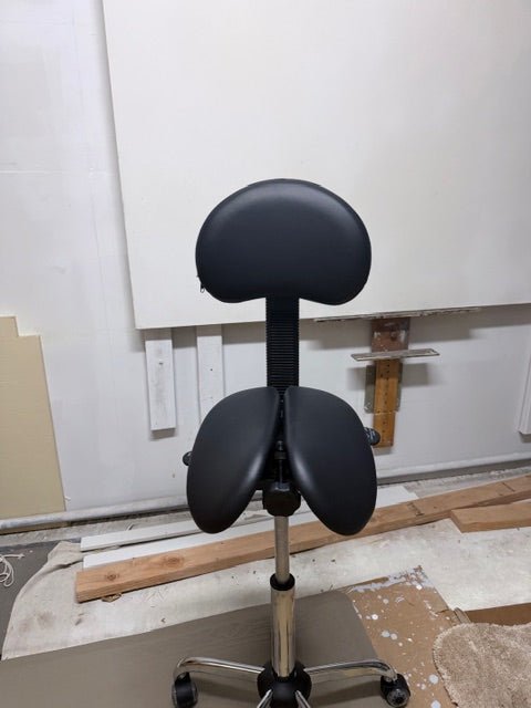 [Open Box] Small USA Patented Twin Tiltable Saddle Stool with Adjustable Seat Width and Backrest (SH18141) - Dual Inline Wheels and Medium Cylinder - Sit Healthier