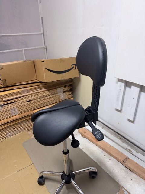 [Open Box] Small USA Patented Twin Tiltable Saddle Stool with Adjustable Seat Width and Backrest (SH18141) - Dual Inline Wheels and Medium Cylinder - Sit Healthier