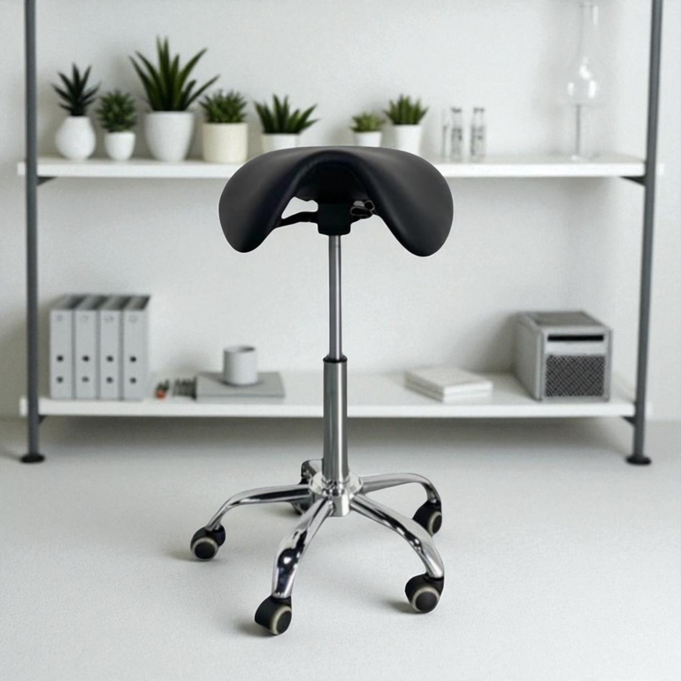 Saddle-style stool with adjustable height in a home office setting
