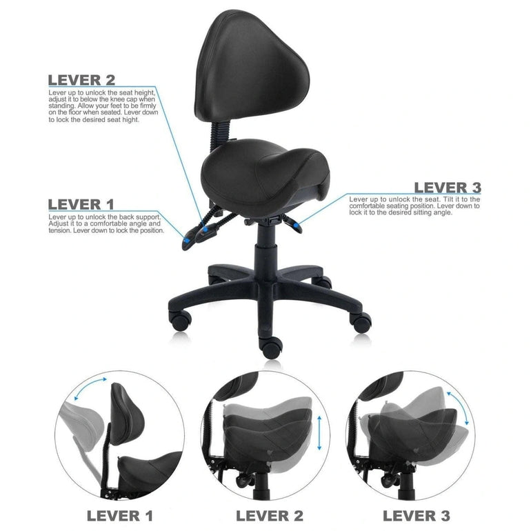 Saddle Shape Stool with Adjustable Back Support and Tilt-able Seat - Sit Healthier