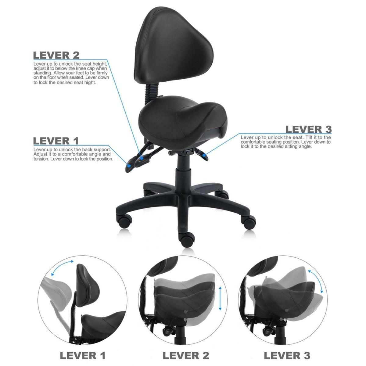 Saddle Shape Stool with Adjustable Back Support and Tilt-able Seat - Sit Healthier