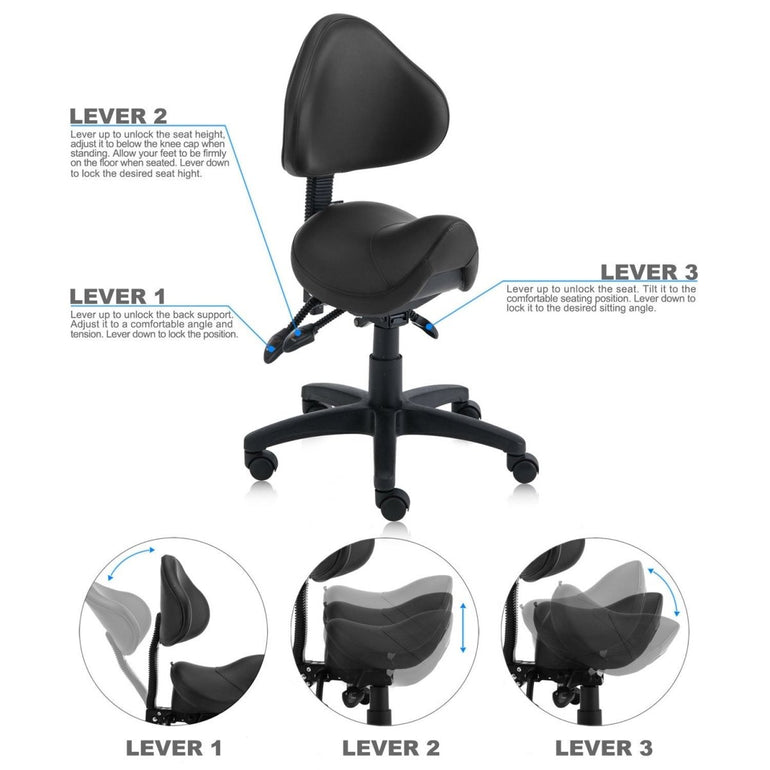 Saddle Shape Stool with Adjustable Back Support and Tilt-able Seat - Sit Healthier