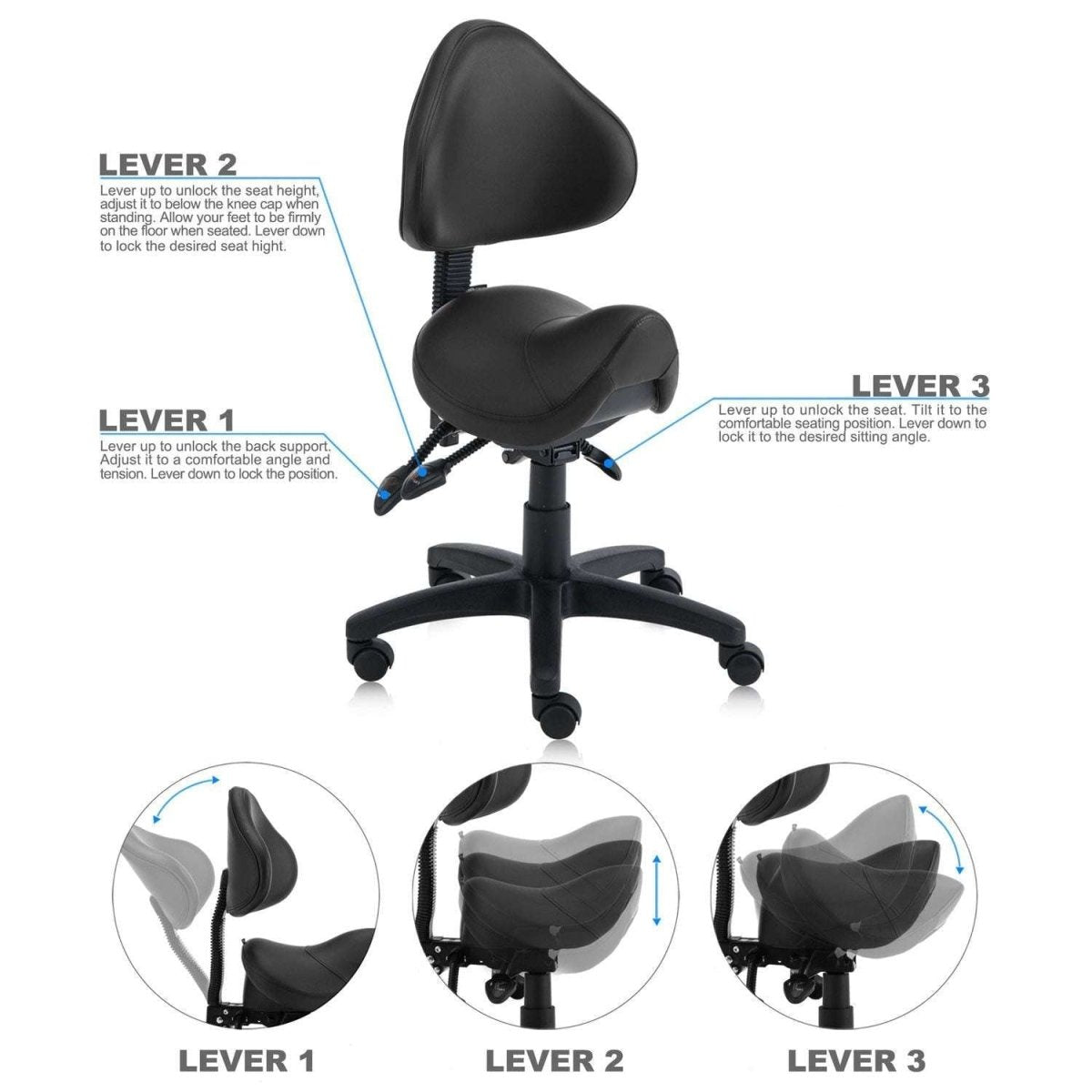 Saddle Shape Stool with Adjustable Back Support and Tilt-able Seat - Sit Healthier
