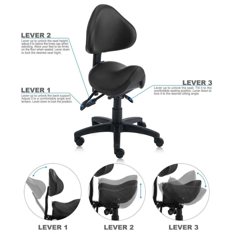 Saddle Shape Stool with Adjustable Back Support and Tilt-able Seat - Sit Healthier