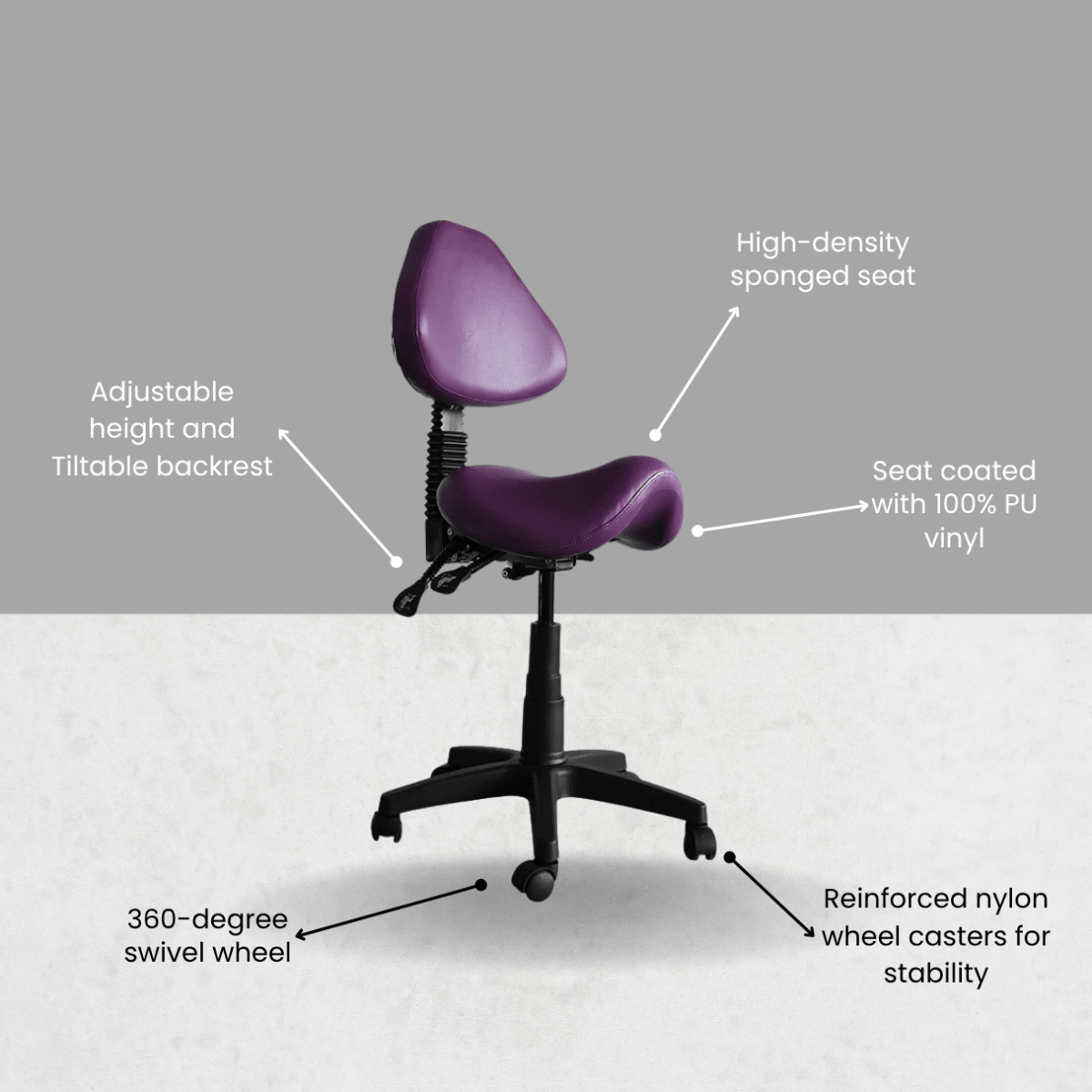 Small Saddle Shape Stool with Adjustable Back Support - Sit Healthier