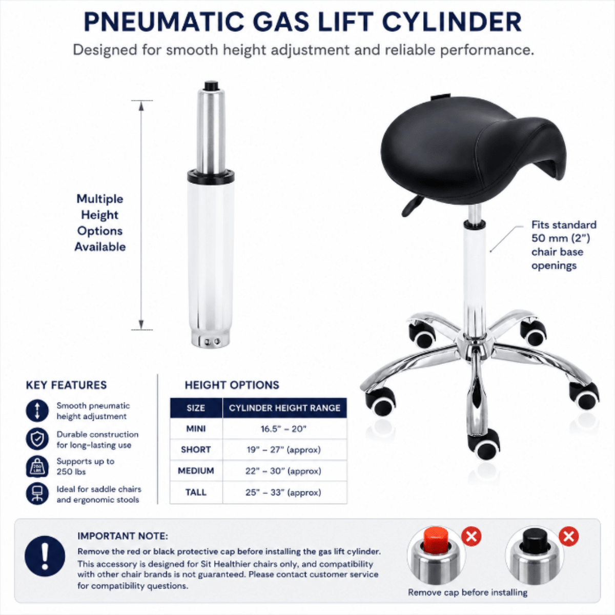 Tall Height Adjustable Gas Lift Cylinder for Sit Healthier Chairs - Sit Healthier