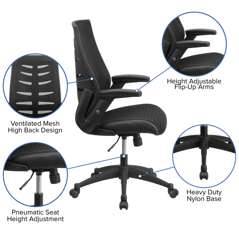 High Back Designer Black Mesh Executive Swivel Ergonomic Office Chair with Height Adjustable Flip-Up Arms | Sit Healthier