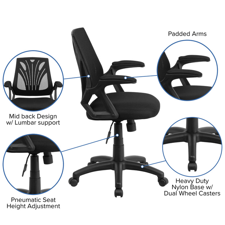 Mid-Back Designer Black Mesh Swivel Task Office Chair with Open Arms | Sit Healthier