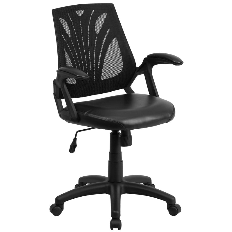 Mid-Back Designer Black Mesh Swivel Task Office Chair with LeatherSoft Seat and Open Arms | Sit Healthier