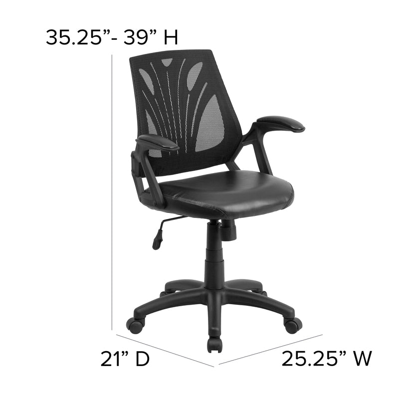 Mid-Back Designer Black Mesh Swivel Task Office Chair with LeatherSoft Seat and Open Arms | Sit Healthier