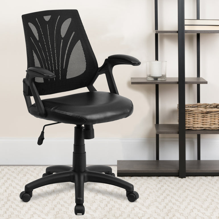 Mid-Back Designer Black Mesh Swivel Task Office Chair with LeatherSoft Seat and Open Arms | Sit Healthier