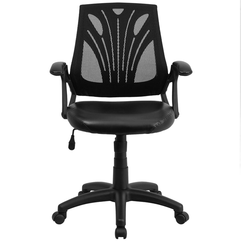 Mid-Back Designer Black Mesh Swivel Task Office Chair with LeatherSoft Seat and Open Arms | Sit Healthier