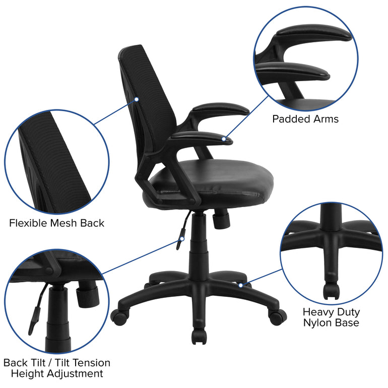 Mid-Back Designer Black Mesh Swivel Task Office Chair with LeatherSoft Seat and Open Arms | Sit Healthier