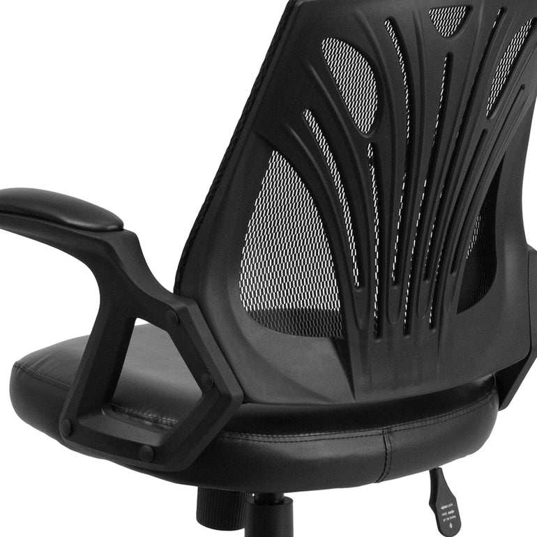 Mid-Back Designer Black Mesh Swivel Task Office Chair with LeatherSoft Seat and Open Arms | Sit Healthier