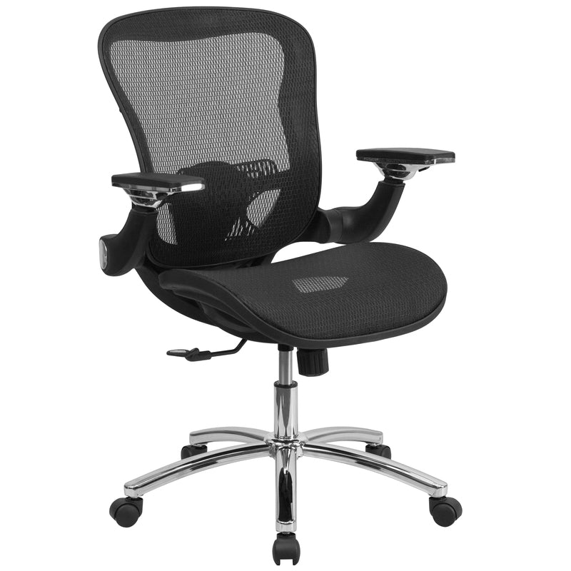 Mid-Back Transparent Black Mesh Executive Swivel Ergonomic Office Chair with Synchro-Tilt & Height Adjustable Flip-Up Arms | Sit Healthier