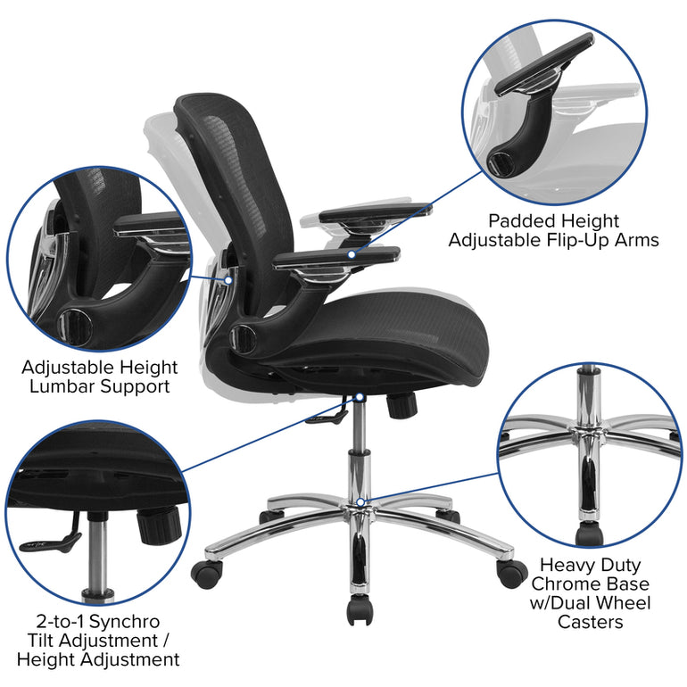 Mid-Back Transparent Black Mesh Executive Swivel Ergonomic Office Chair with Synchro-Tilt & Height Adjustable Flip-Up Arms | Sit Healthier