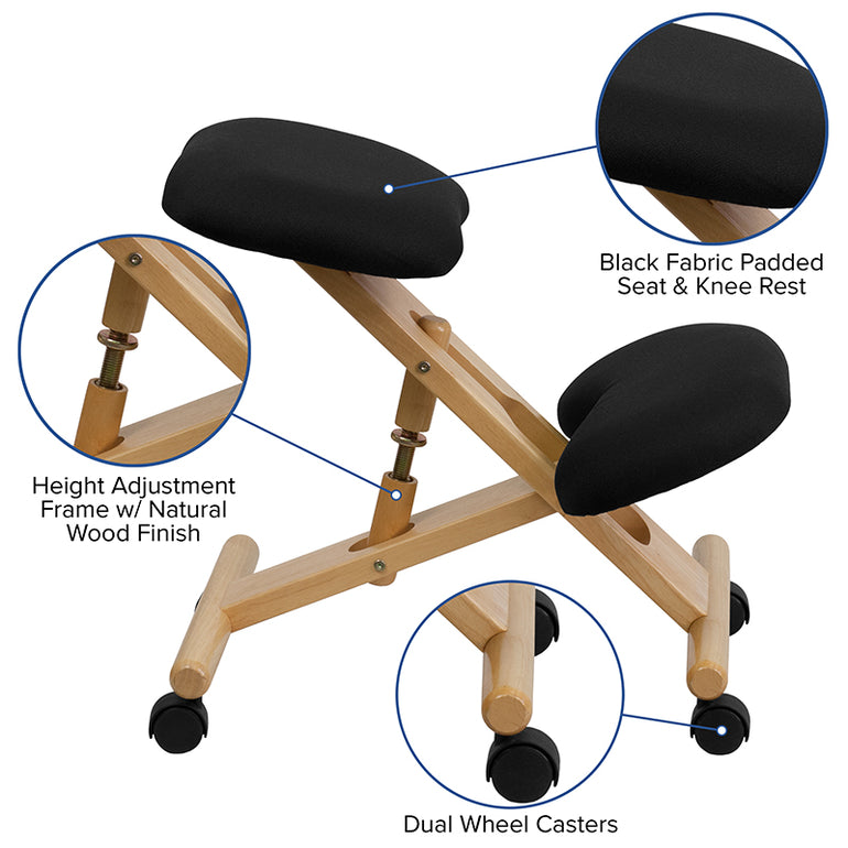 Mobile Wooden Ergonomic Kneeling Chair in Black Fabric | Sit Healthier
