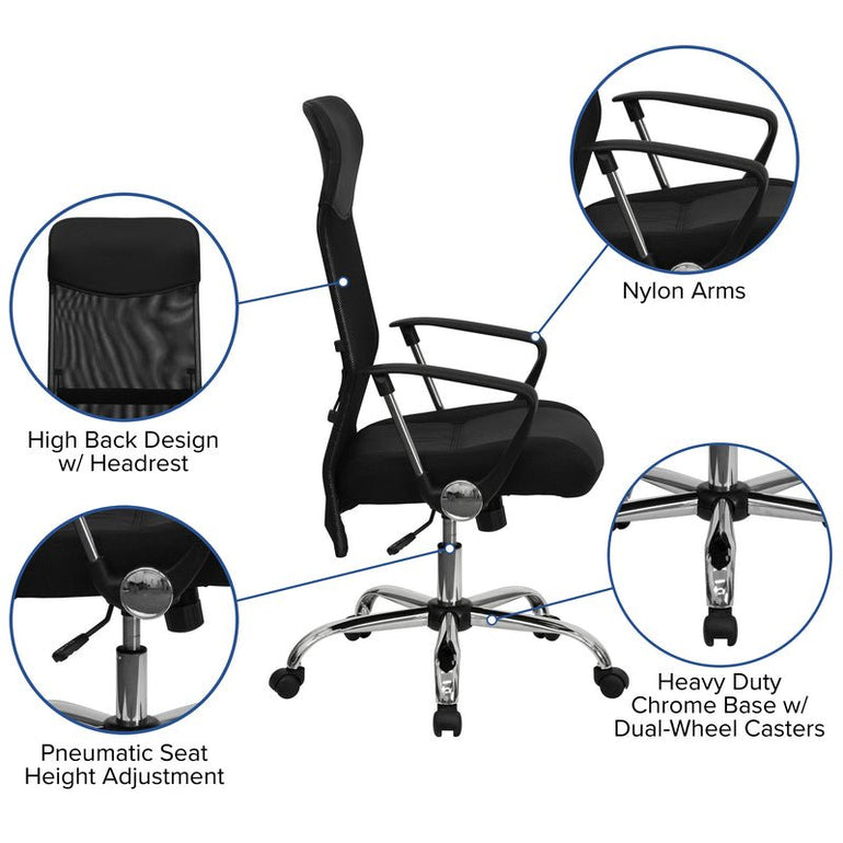 High Back Black Leather and Mesh Swivel Task Office Chair with Arms - Sit Healthier