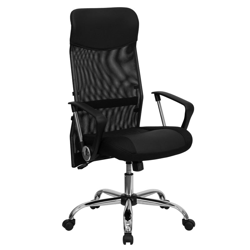 High Back Black Leather and Mesh Swivel Task Office Chair with Arms - Sit Healthier