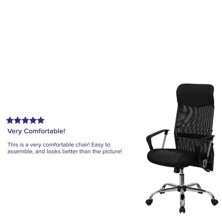 High Back Black Leather and Mesh Swivel Task Office Chair with Arms - Sit Healthier