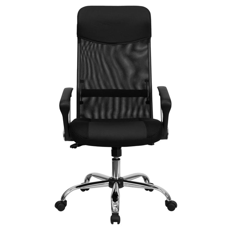 High Back Black Leather and Mesh Swivel Task Office Chair with Arms - Sit Healthier