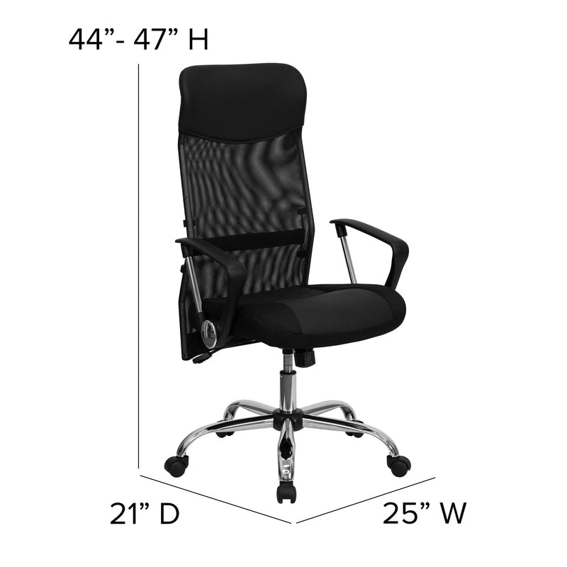 High Back Black Leather and Mesh Swivel Task Office Chair with Arms - Sit Healthier