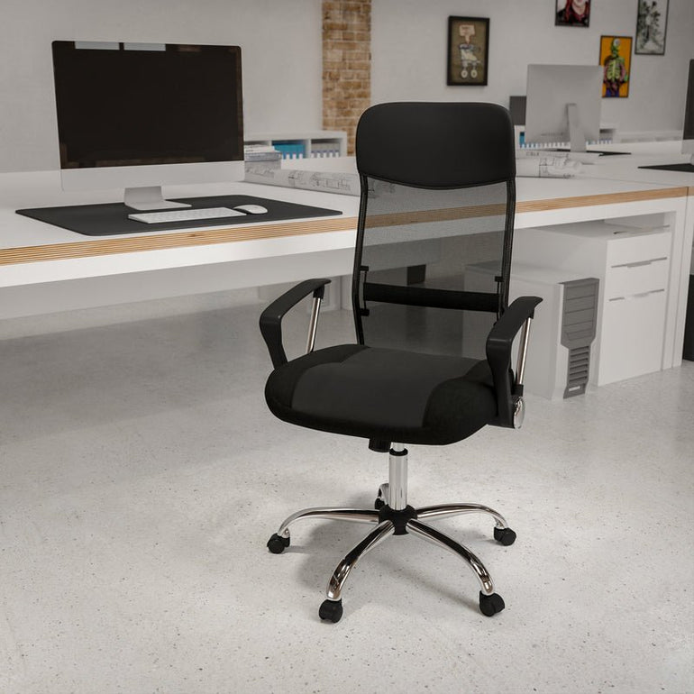 High Back Black Leather and Mesh Swivel Task Office Chair with Arms - Sit Healthier