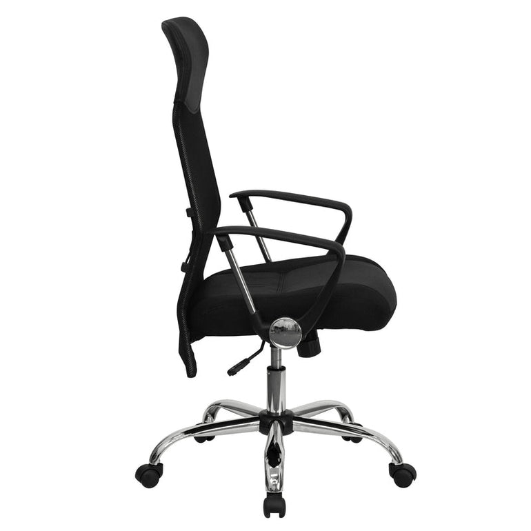 High Back Black Leather and Mesh Swivel Task Office Chair with Arms - Sit Healthier