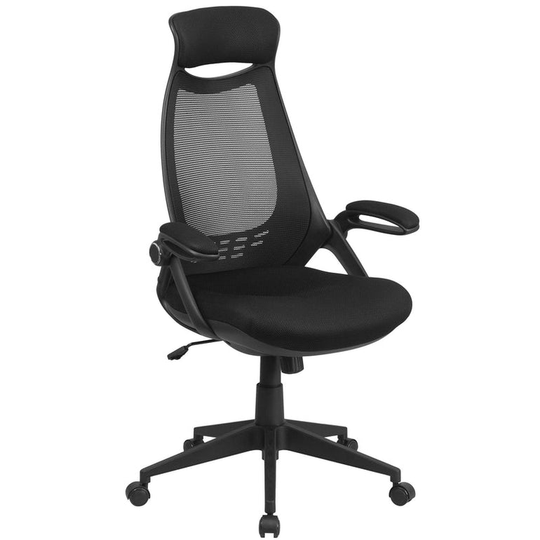 High Back Black Mesh Executive Swivel Office Chair with Flip-Up Arms - Sit Healthier