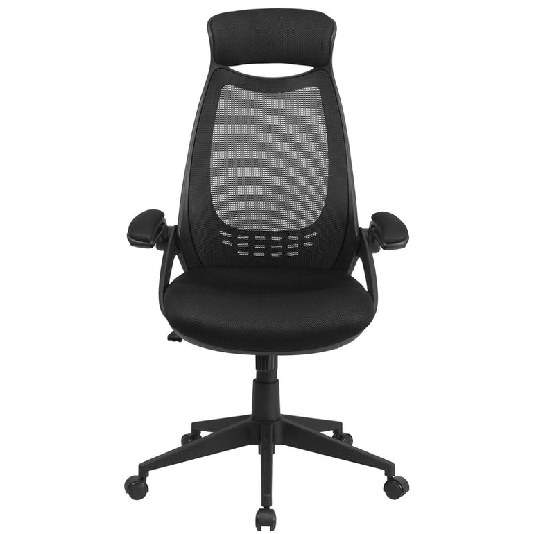High Back Black Mesh Executive Swivel Office Chair with Flip-Up Arms - Sit Healthier