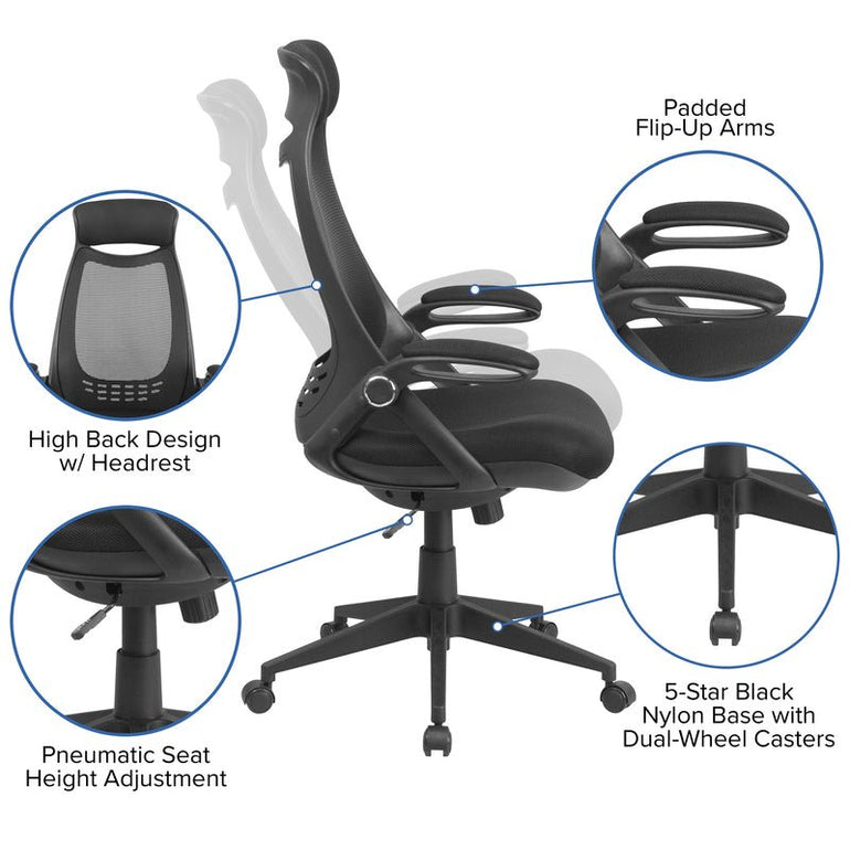 High Back Black Mesh Executive Swivel Office Chair with Flip-Up Arms - Sit Healthier