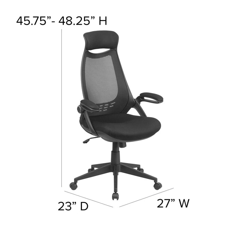 High Back Black Mesh Executive Swivel Office Chair with Flip-Up Arms - Sit Healthier