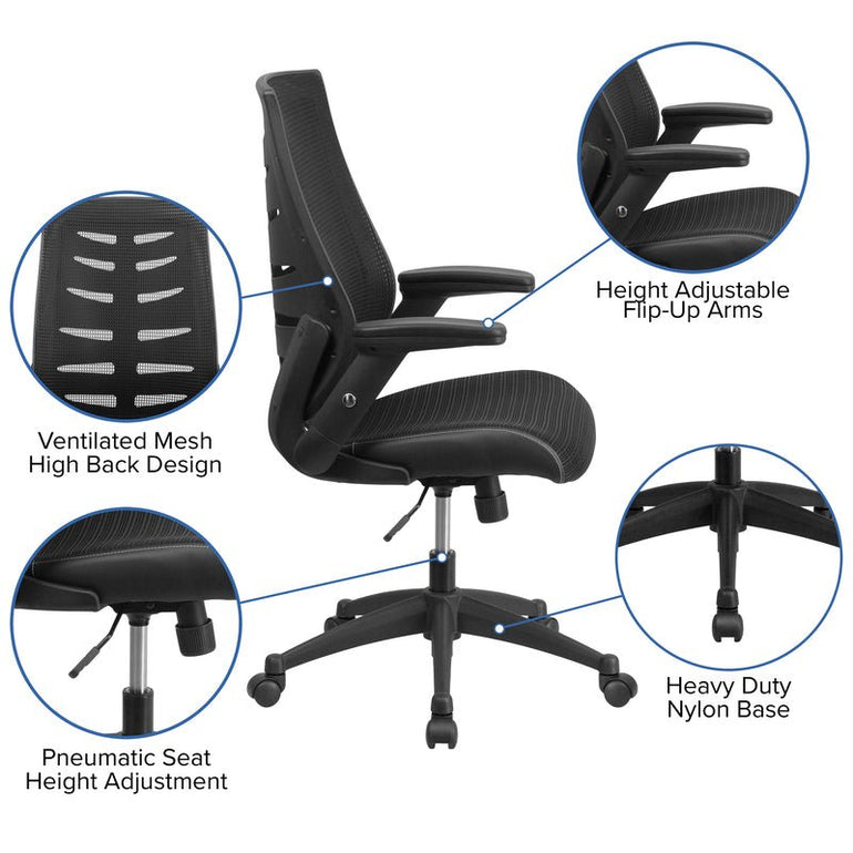 High Back Designer Black Mesh Executive Swivel Ergonomic Office Chair with Height Adjustable Flip-Up Arms - Sit Healthier