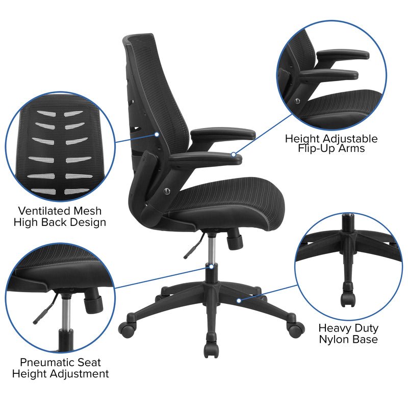 High Back Designer Black Mesh Executive Swivel Ergonomic Office Chair with Height Adjustable Flip-Up Arms - Sit Healthier